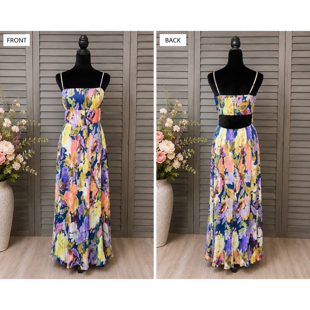Lulus Holloway Watercolor Floral Pleated Chiffon Maxi Dress Size M Dark Blue - Picture 3 of 12